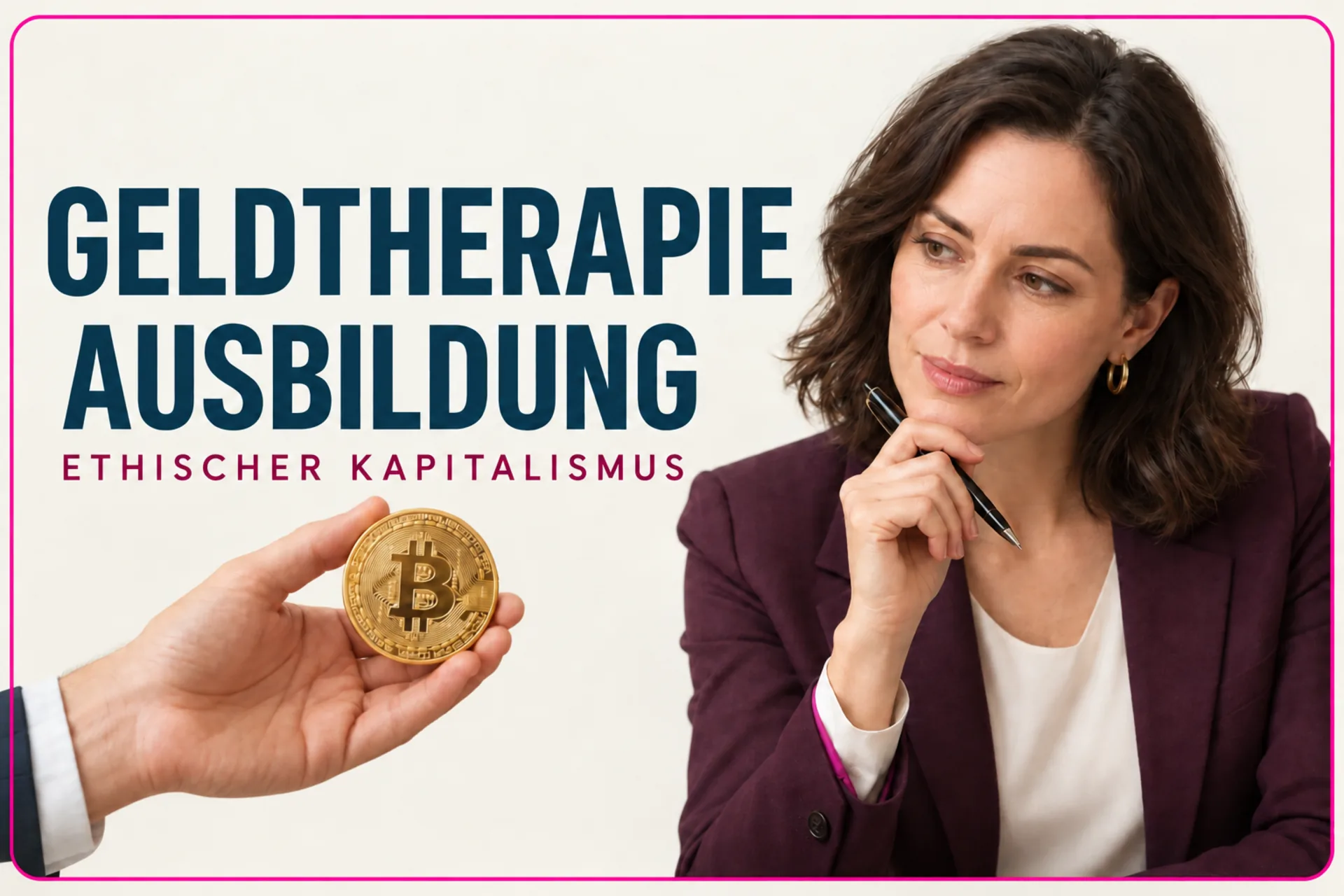 Professionelle Geldtherapie-Expertin betrachtet einen präsentierten Bitcoin als Symbol für ethischen Kapitalismus und finanzielle Psychologie.